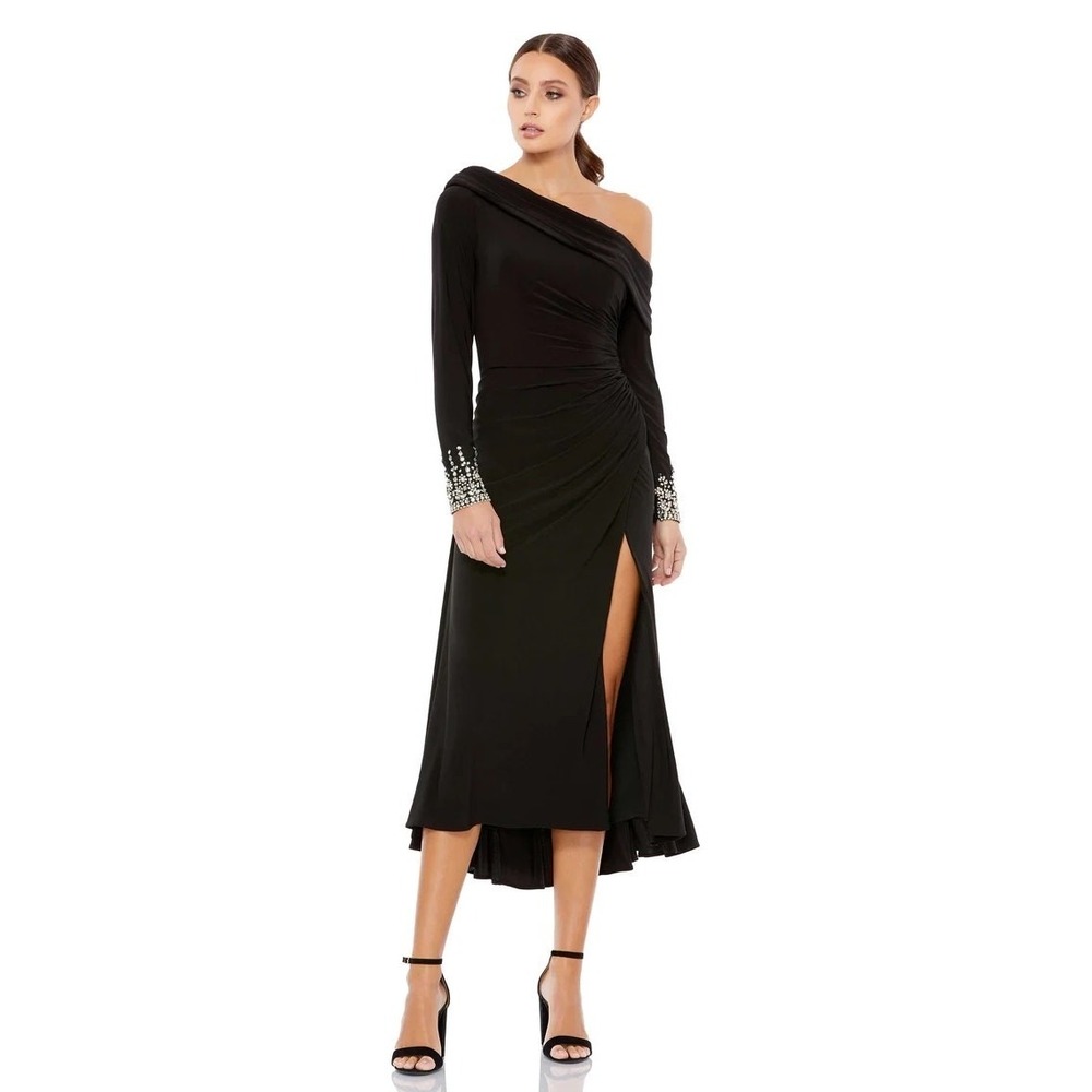 Mac Duggal 264851 Black Foldover Long Sleeve Jeweled Midi Dress‎ 6 NEW
